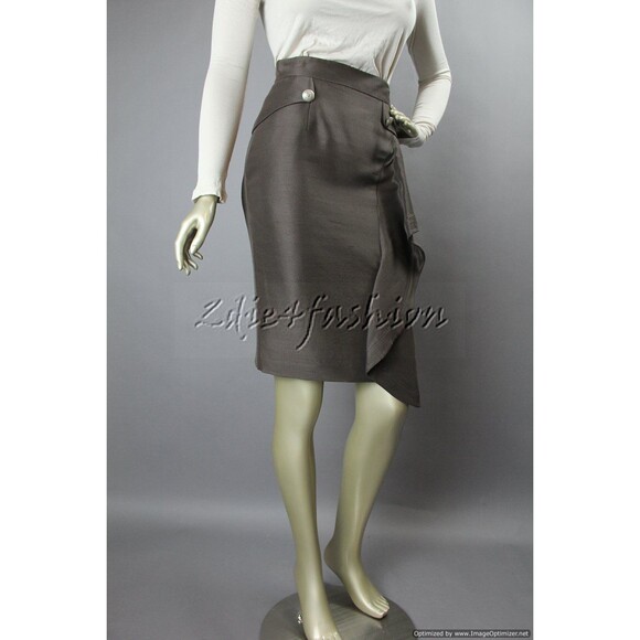$1990 VALENTINO Stylish Brown Raw Silk Ruffle Flare Pencil Logo Skirt 2 - Picture 3 of 7